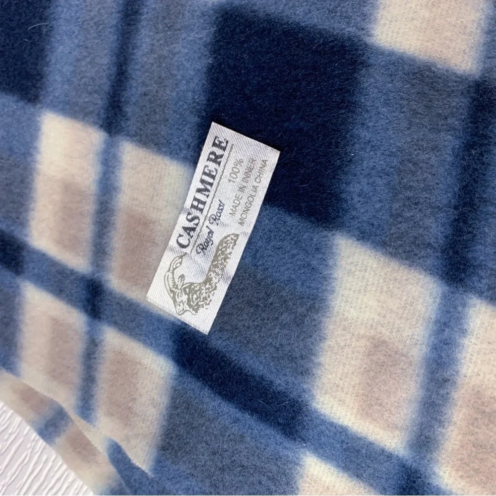 Royal Rossi 100% Mongolian Cashmere Plaid Scarf Fringe White Navy Blue Like New